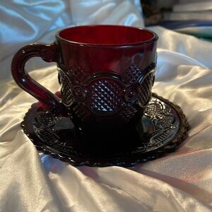 Avon Vintage 1876 Cape Cod Pattern Cup and Saucer Set - Red Heavy Glass